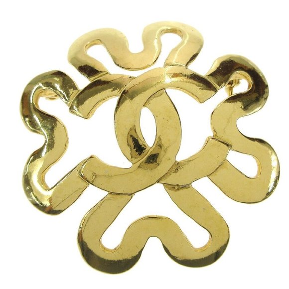AUTH CHANEL CC Logos Flower Brooch Pin Gold-plated Corsage 95P Accessories - Picture 1 of 4